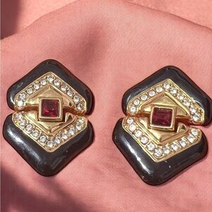 Elegant Gold and Black Earrings with Red Accents